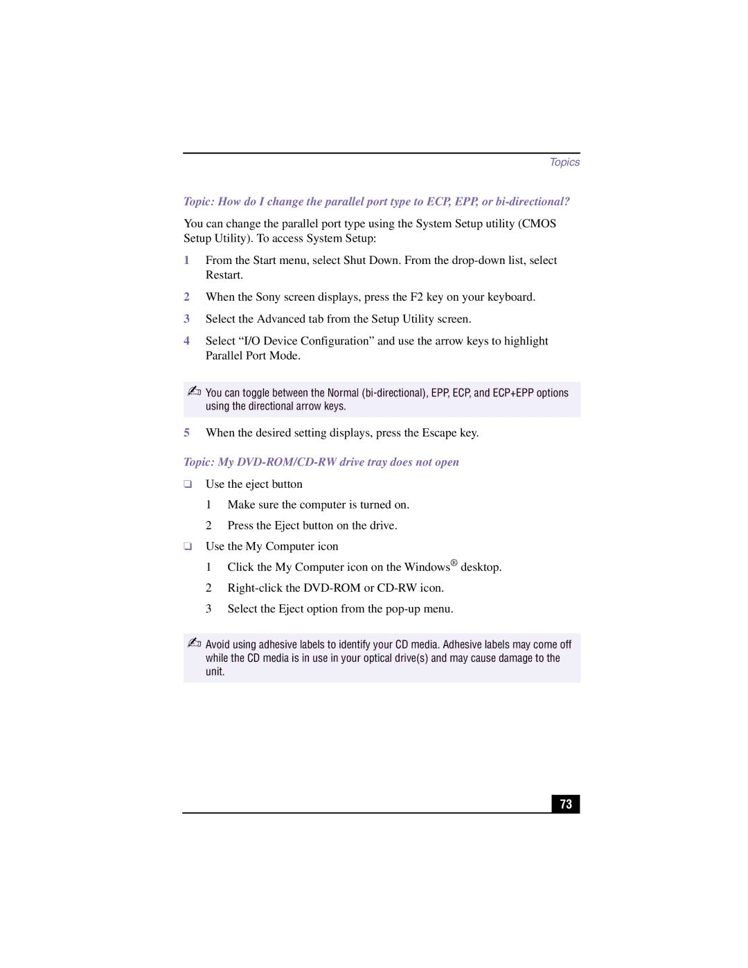 Sony PCV-RX360DS manual Topic My DVD-ROM/CD-RW drive tray does not open 