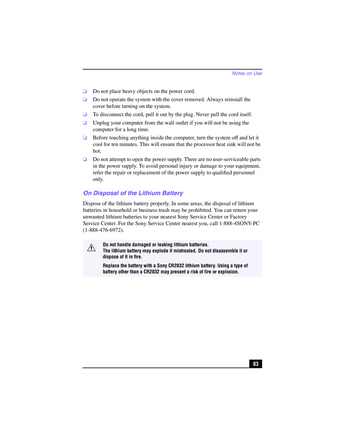 Sony PCV-RX360DS manual On Disposal of the Lithium Battery 