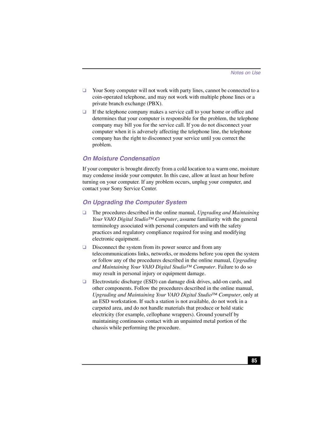 Sony PCV-RX360DS manual On Moisture Condensation, On Upgrading the Computer System 