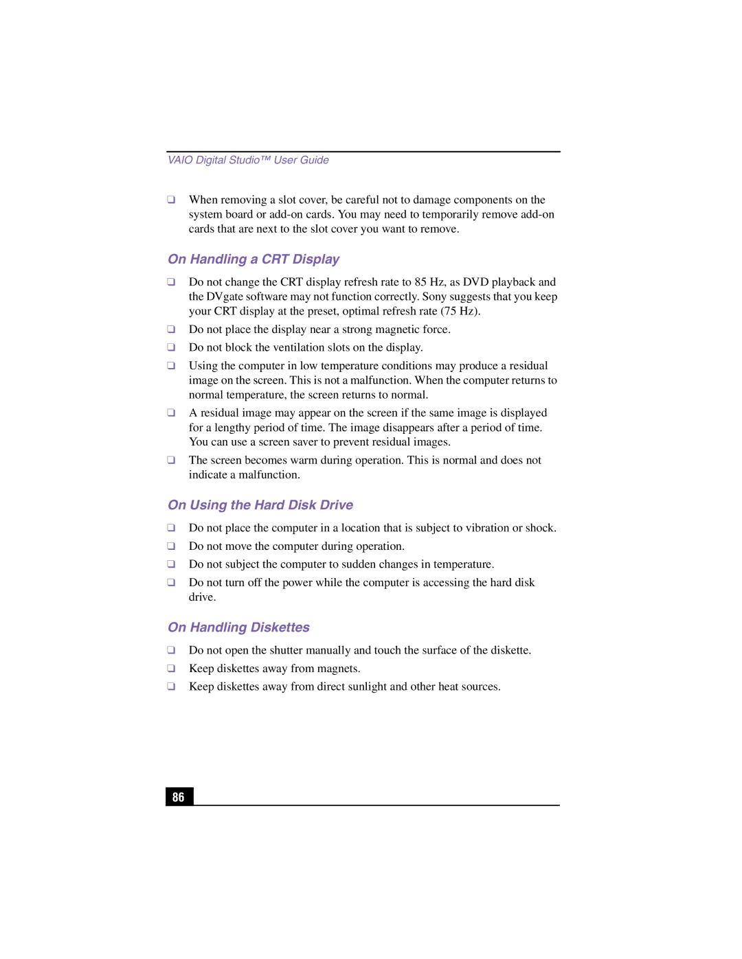 Sony PCV-RX360DS manual On Handling a CRT Display, On Using the Hard Disk Drive, On Handling Diskettes 