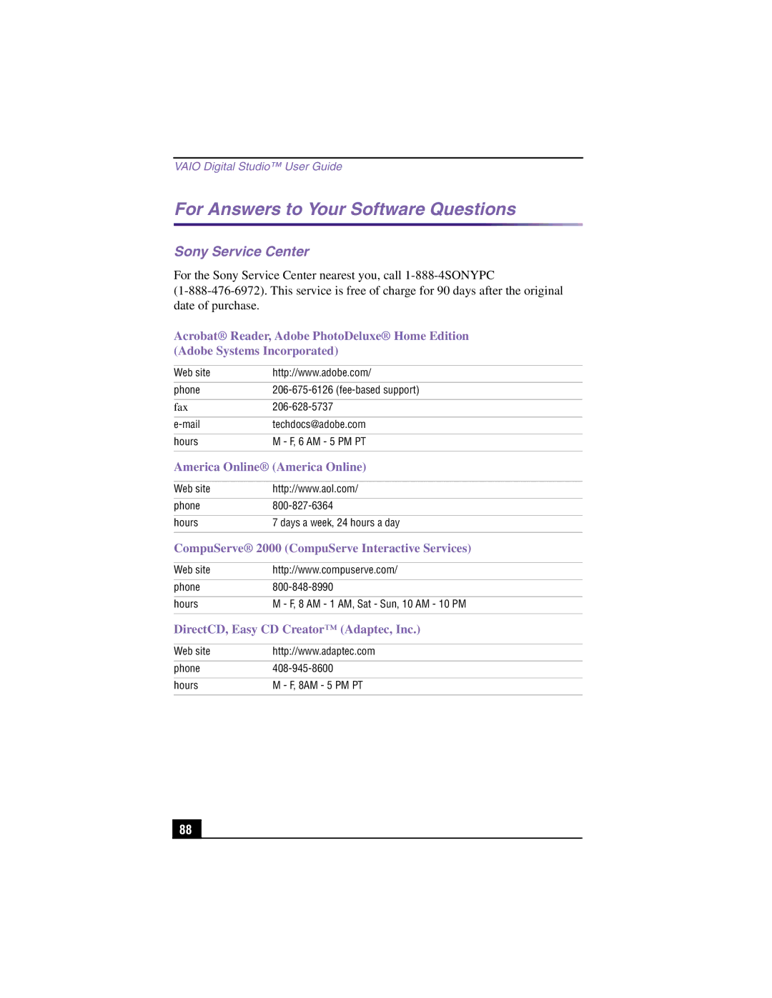 Sony PCV-RX360DS manual For Answers to Your Software Questions, Sony Service Center 