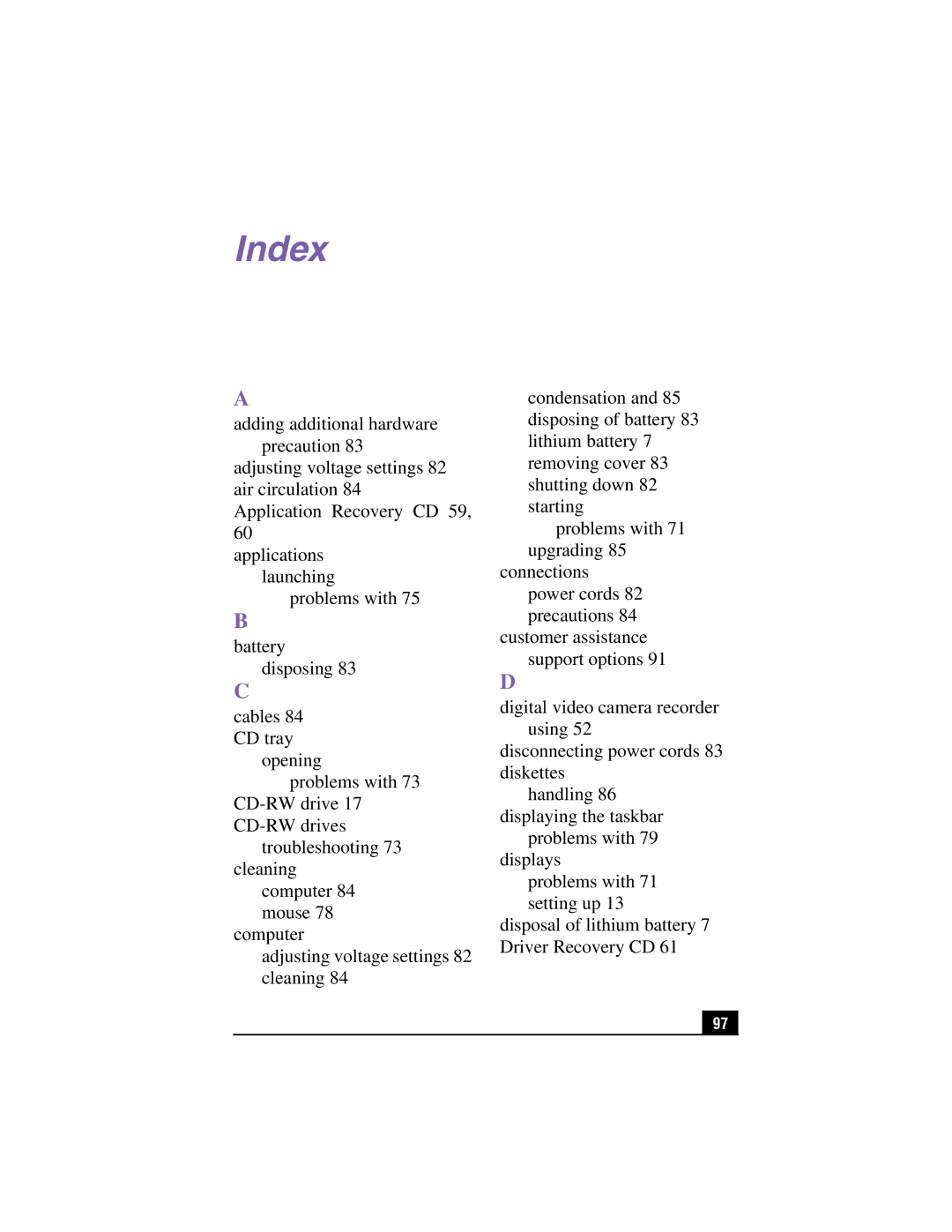 Sony PCV-RX360DS manual Index 