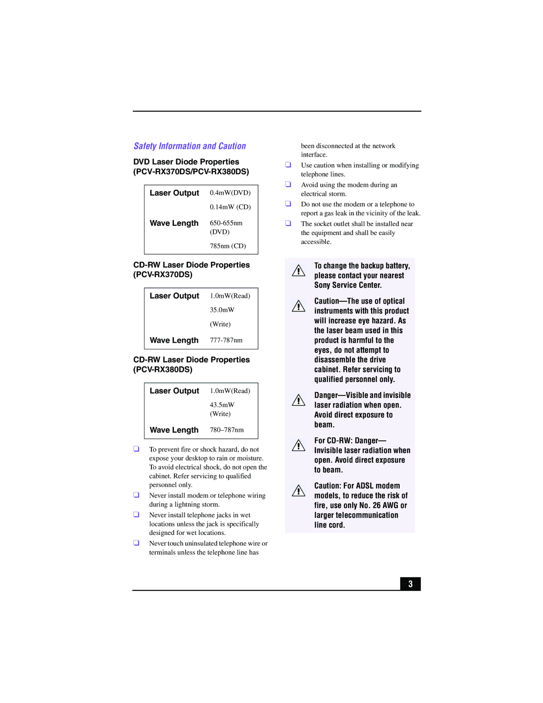 Sony PCV-RX380DS, PCV-RX370DS manual Safety Information and Caution, Wave Length 