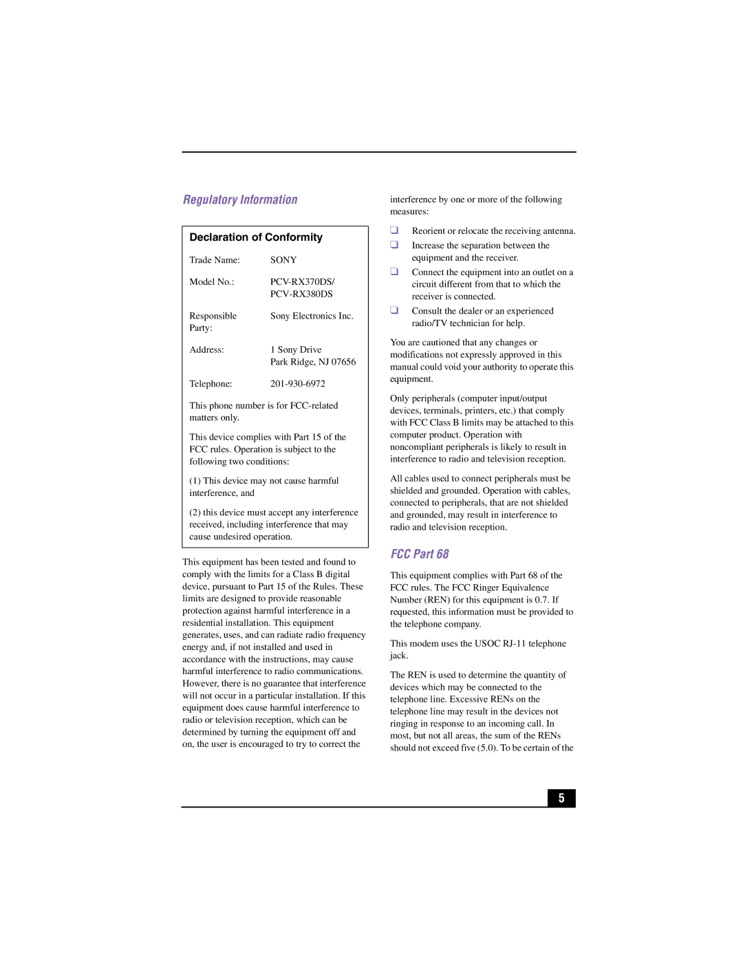 Sony PCV-RX380DS, PCV-RX370DS manual Regulatory Information, FCC Part 