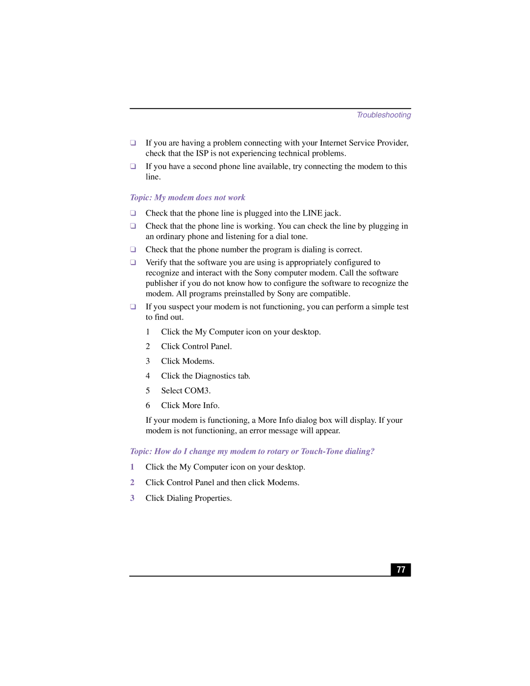 Sony PCV-RX380DS, PCV-RX370DS manual Topic My modem does not work 