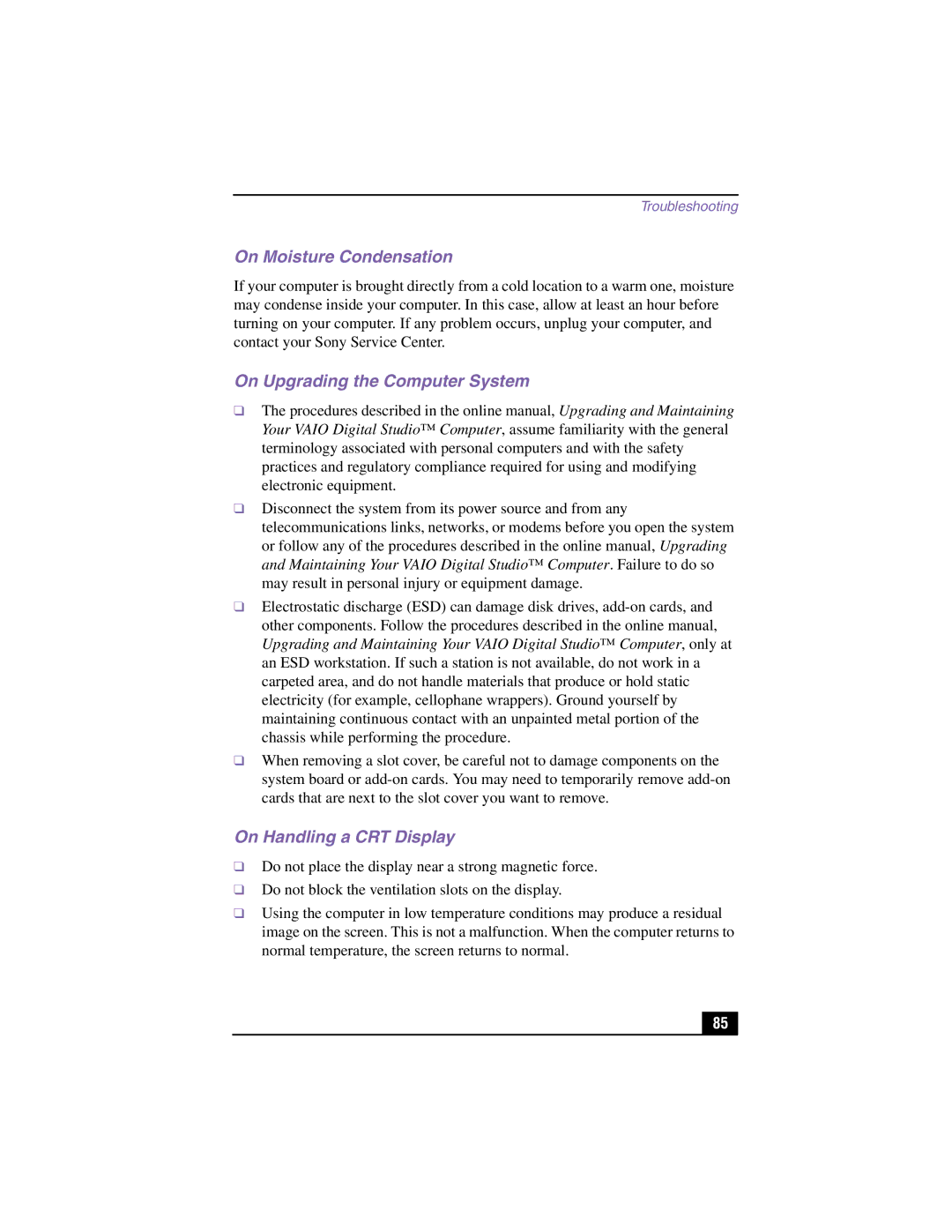 Sony PCV-RX380DS, PCV-RX370DS manual On Moisture Condensation, On Upgrading the Computer System, On Handling a CRT Display 