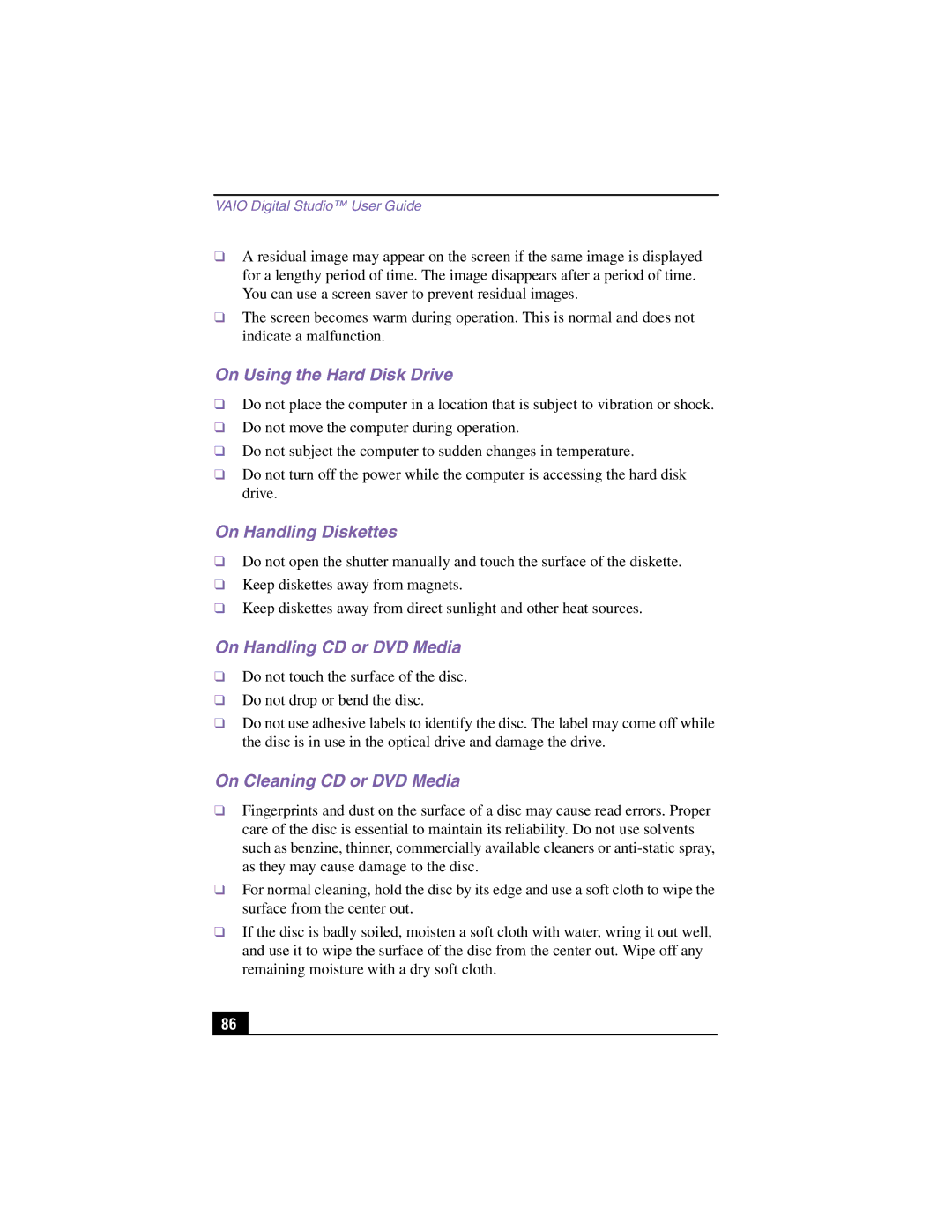 Sony PCV-RX370DS, PCV-RX380DS manual On Using the Hard Disk Drive, On Handling Diskettes, On Handling CD or DVD Media 