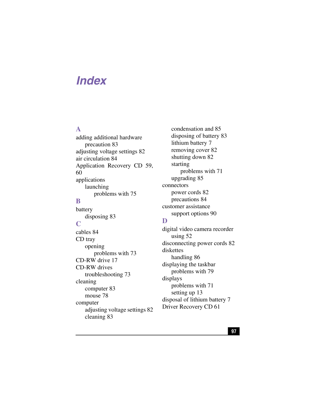 Sony PCV-RX380DS, PCV-RX370DS manual Index 