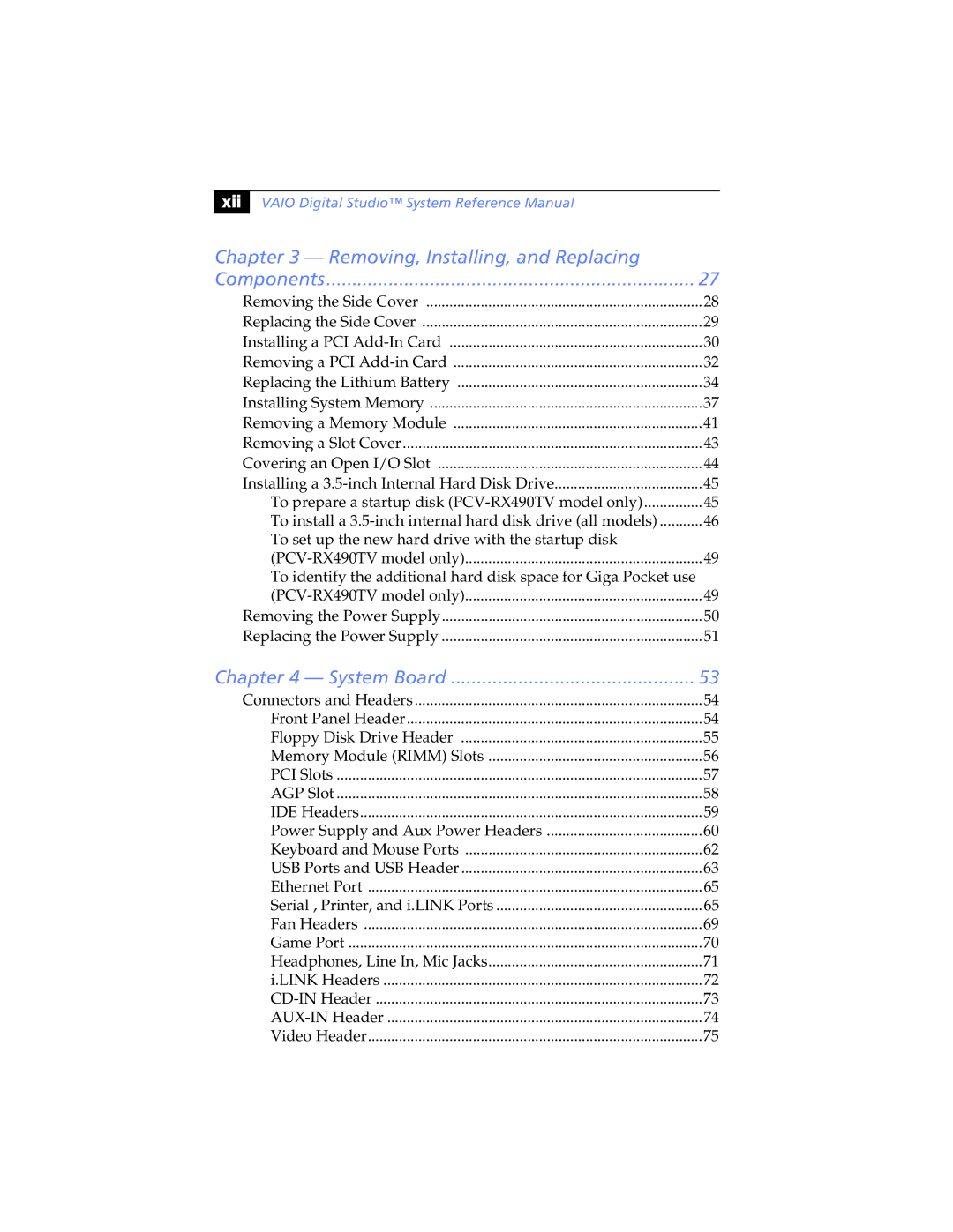 Sony PCV-RX462DS, PCV-RX490TV, PCV-RX470DS, PCV-RX480DS, PCV-RX463DS manual Xii, Vaio Digital Studio System Reference Manual 