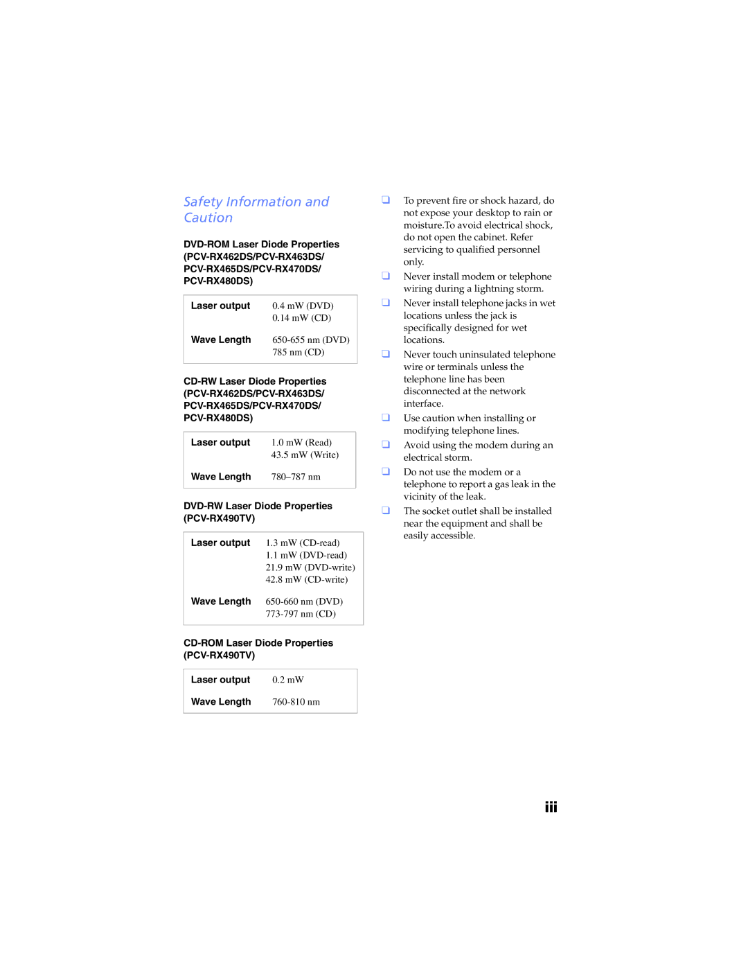 Sony PCV-RX480DS, PCV-RX462DS, PCV-RX490TV, PCV-RX470DS, PCV-RX463DS, PCV-RX465DS Safety Information and Caution, Wave Length 