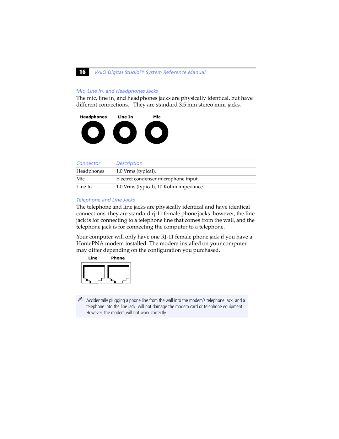 Sony PCV-RX462DS, PCV-RX490TV, PCV-RX470DS, PCV-RX480DS, PCV-RX463DS manual Connector Description, Telephone and Line Jacks 