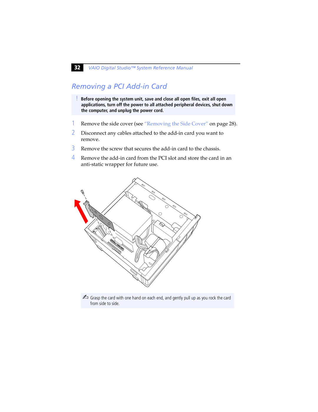 Sony PCV-RX463DS, PCV-RX462DS, PCV-RX490TV, PCV-RX470DS, PCV-RX480DS, PCV-RX465DS manual Removing a PCI Add-in Card 