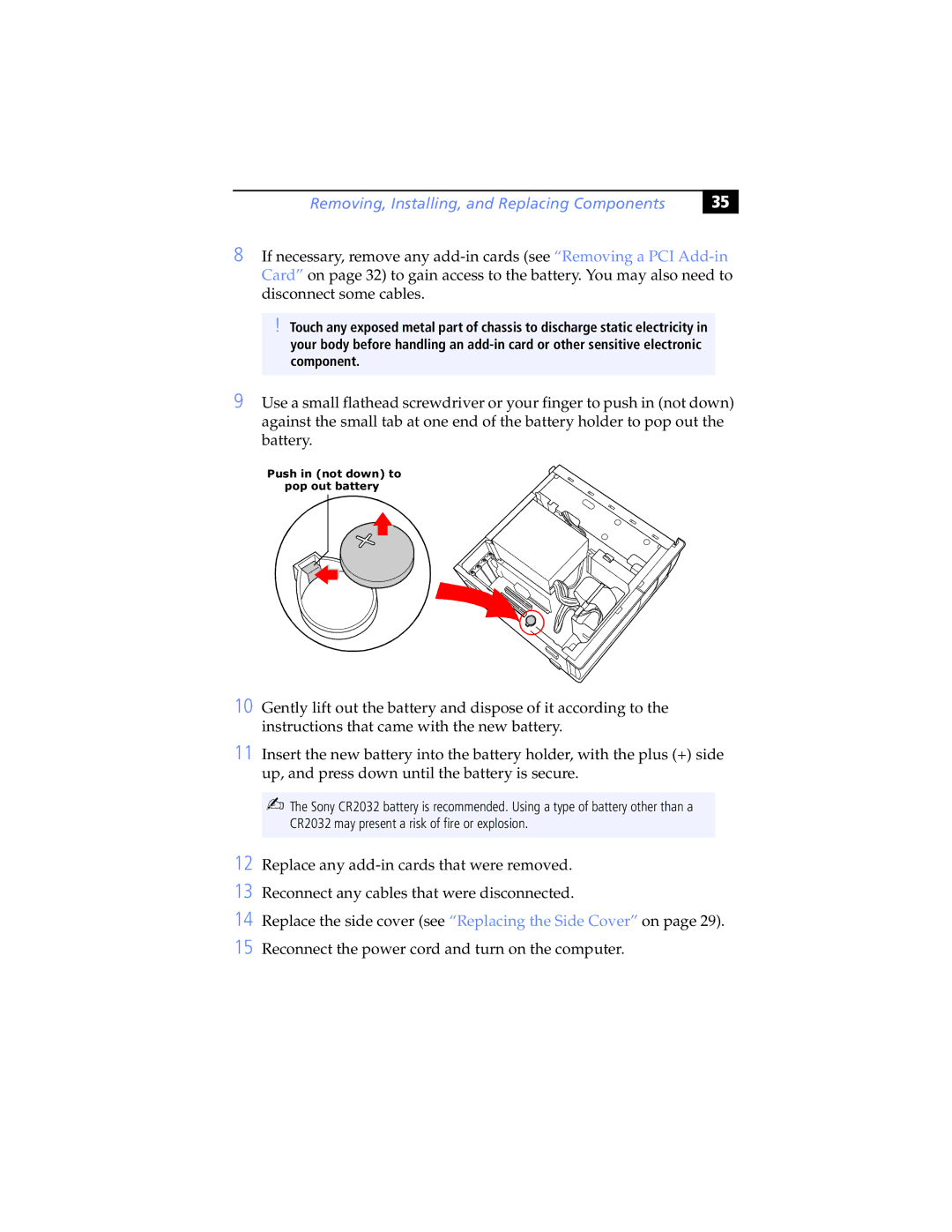 Sony PCV-RX490TV, PCV-RX462DS, PCV-RX470DS, PCV-RX480DS, PCV-RX463DS, PCV-RX465DS manual Push in not down to pop out battery 