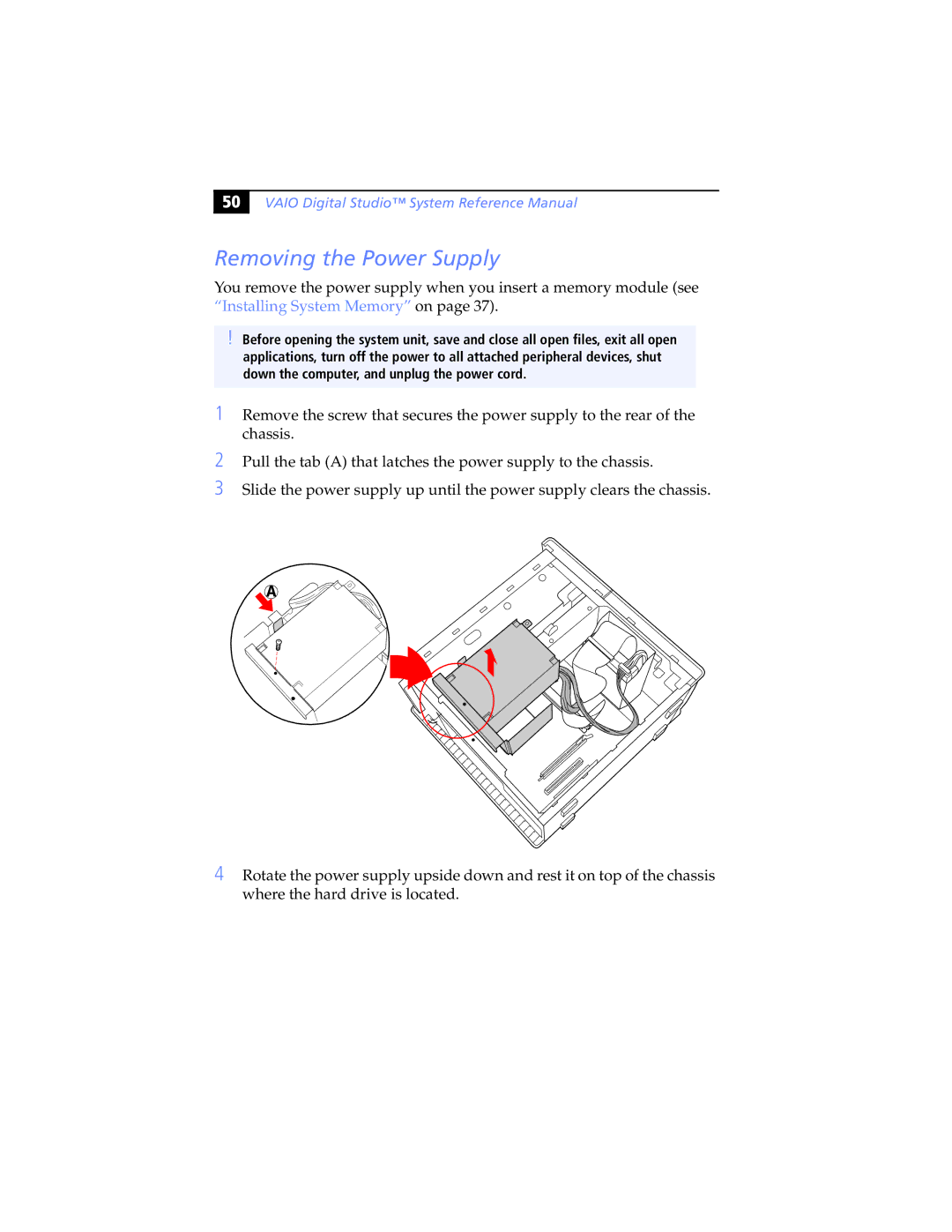 Sony PCV-RX463DS, PCV-RX462DS, PCV-RX490TV, PCV-RX470DS, PCV-RX480DS, PCV-RX465DS manual Removing the Power Supply 