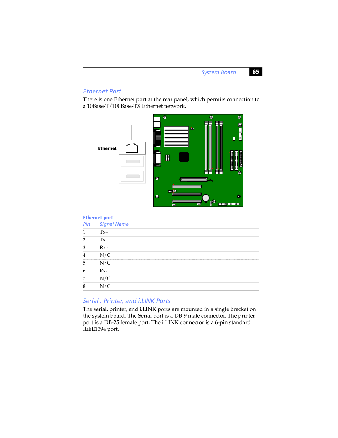 Sony PCV-RX490TV, PCV-RX462DS, PCV-RX470DS, PCV-RX480DS Ethernet Port, Serial , Printer, and i.LINK Ports, Ethernet port 