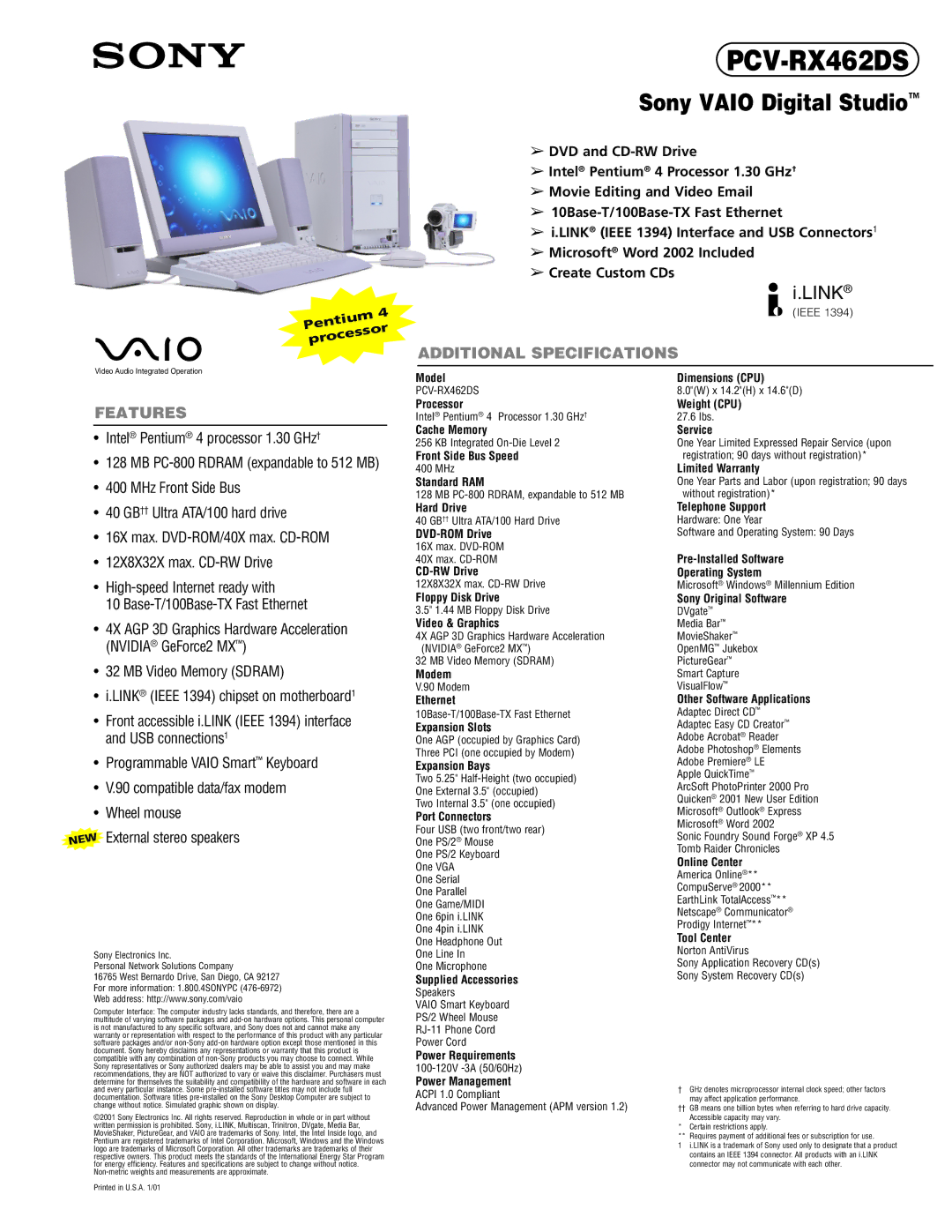 Sony PCV-RX462DS dimensions Model Dimensions CPU, Processor, Cache Memory, Front Side Bus Speed, Standard RAM, Hard Drive 