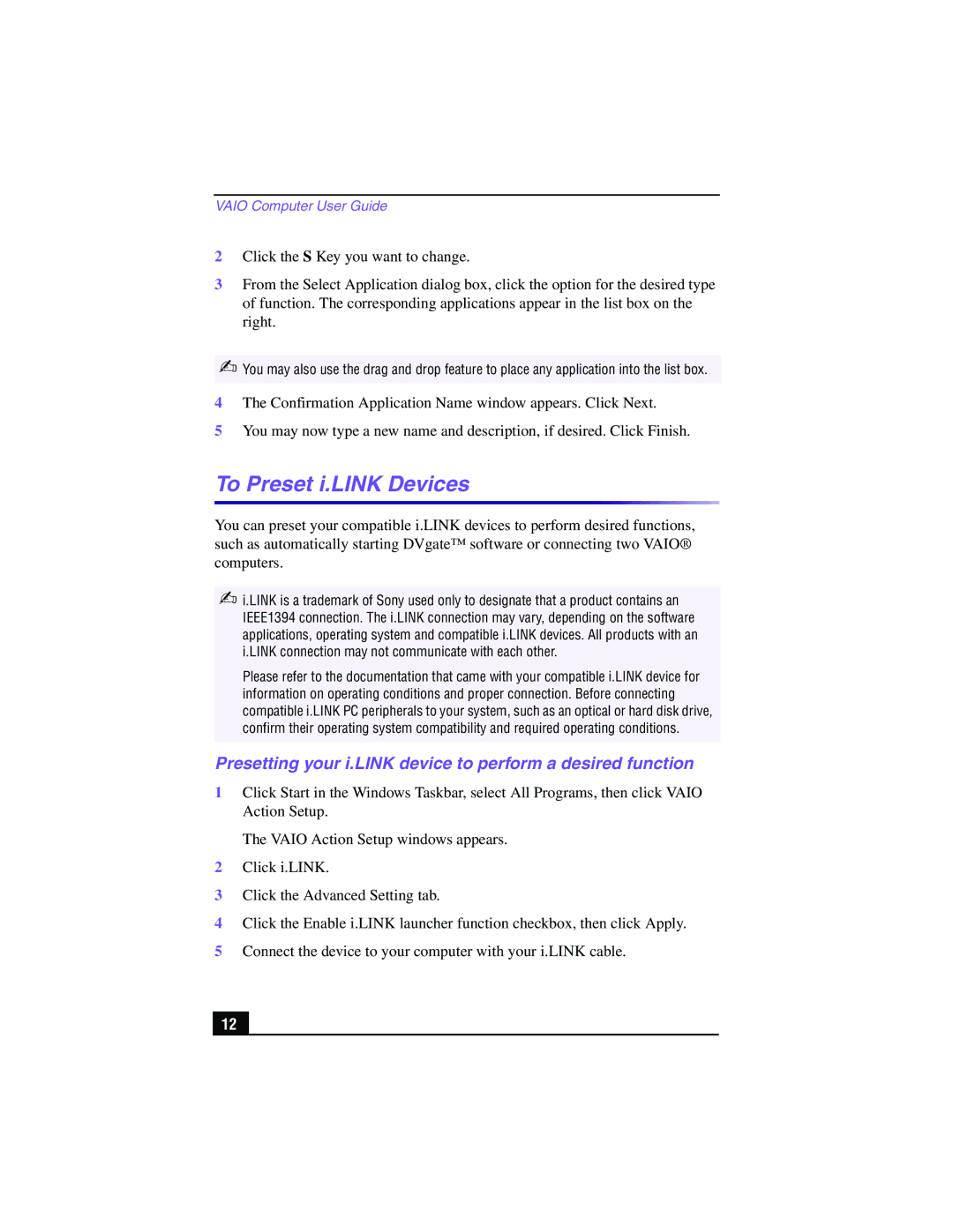 Sony PCV-RX540 manual To Preset i.LINK Devices, Presetting your i.LINK device to perform a desired function 