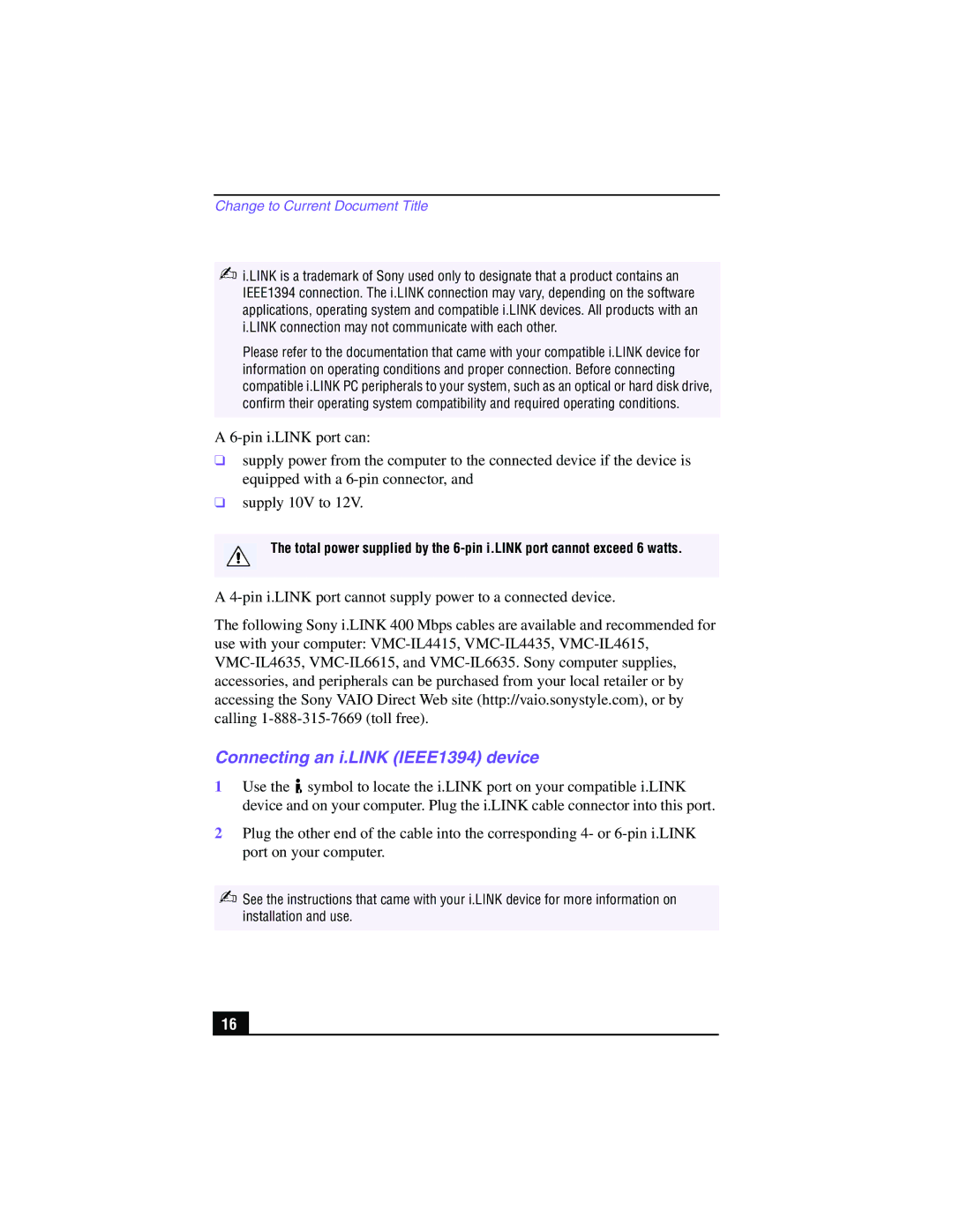 Sony PCV-RX540 manual Connecting an i.LINK IEEE1394 device 