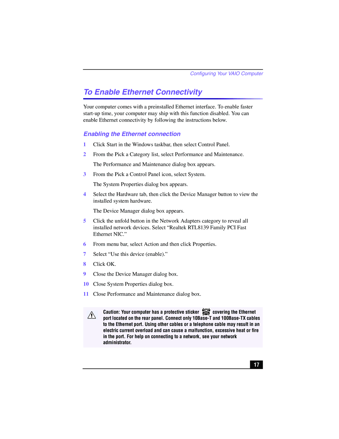 Sony PCV-RX540 manual To Enable Ethernet Connectivity, Enabling the Ethernet connection 