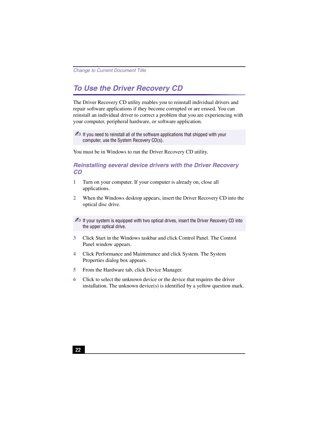 Sony PCV-RX580, PCV-RX590G To Use the Driver Recovery CD, Reinstalling several device drivers with the Driver Recovery 