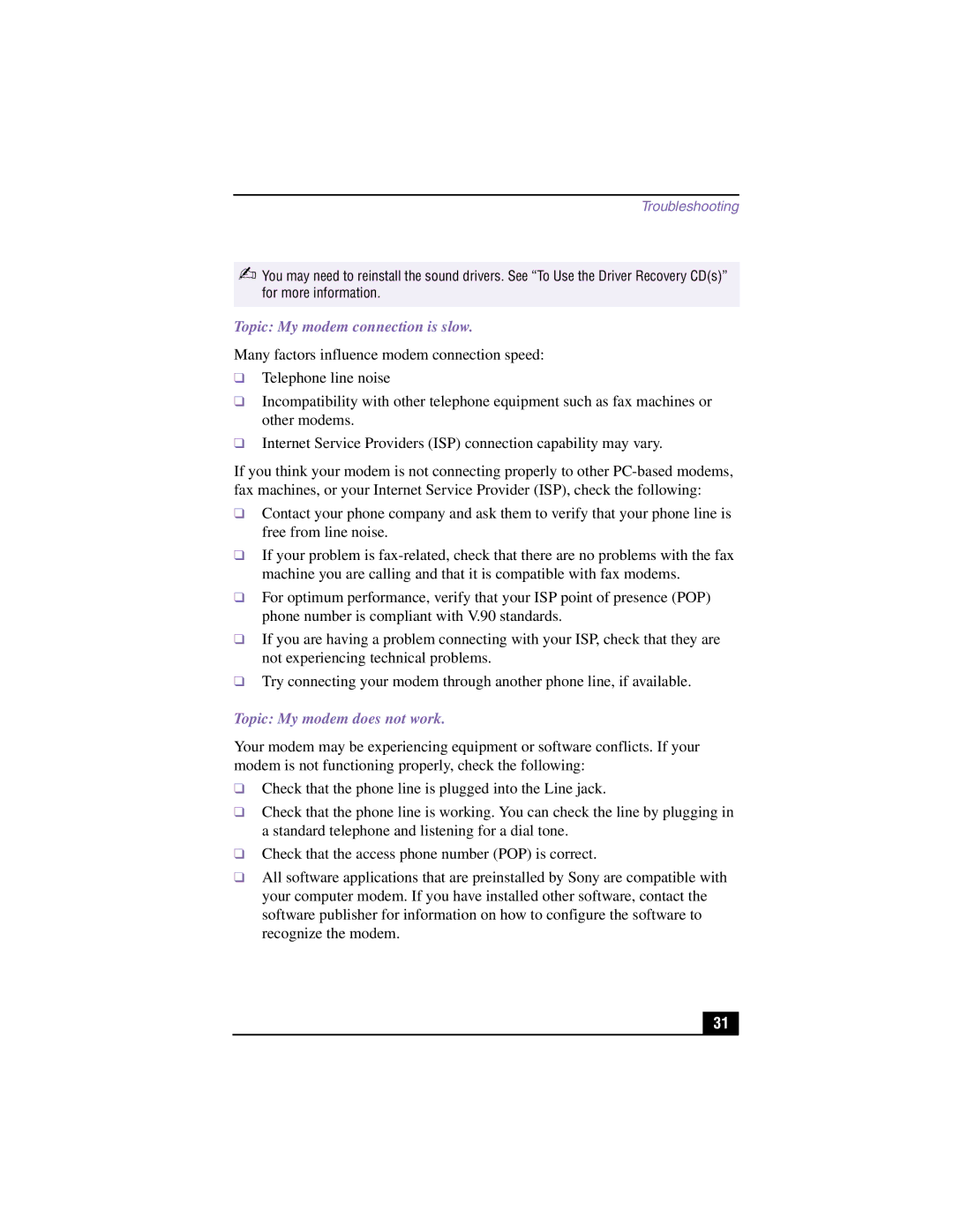 Sony PCV-RX580, PCV-RX590G manual Topic My modem connection is slow, Topic My modem does not work 