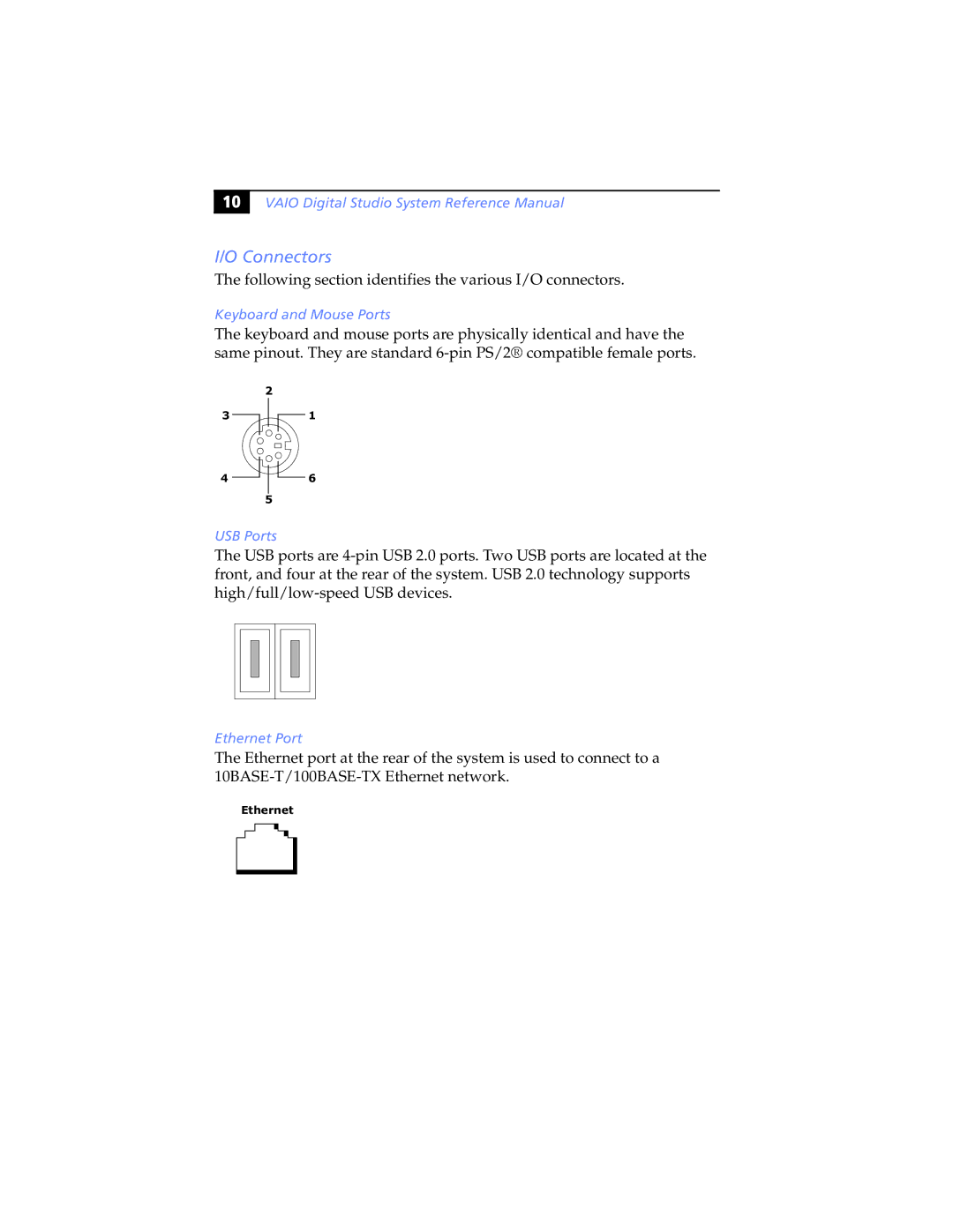 Sony PCV-RXP-RZP manual Connectors, Keyboard and Mouse Ports, USB Ports, Ethernet Port 