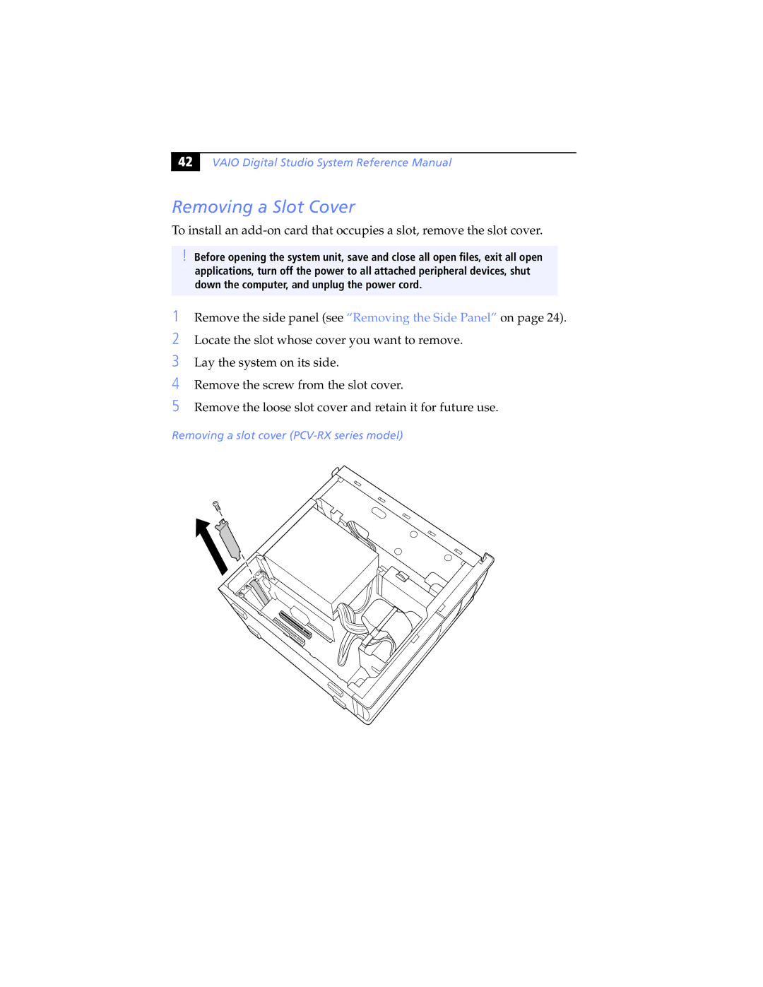 Sony PCV-RXP-RZP manual Removing a Slot Cover, Removing a slot cover PCV-RX series model 