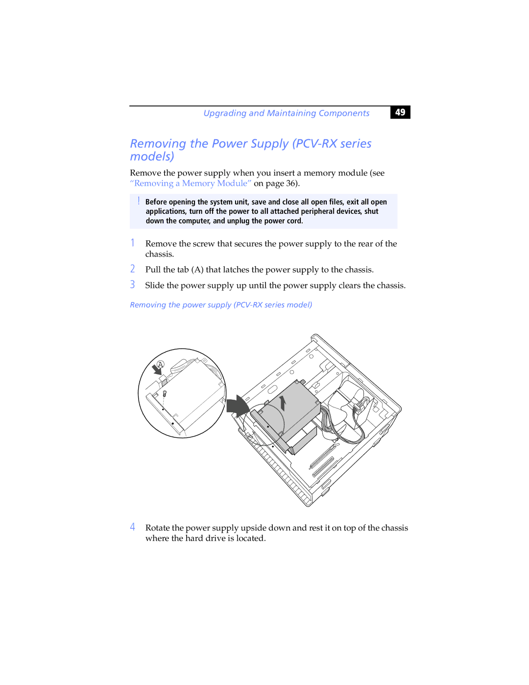 Sony PCV-RXP-RZP manual Removing the Power Supply PCV-RX series models, Removing the power supply PCV-RX series model 