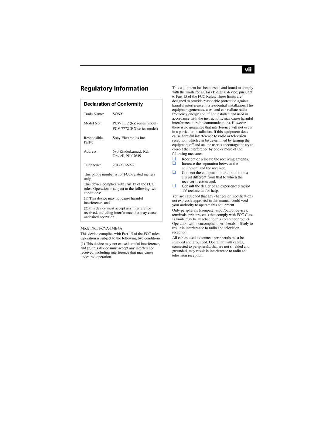 Sony PCV-RXP-RZP manual Regulatory Information 