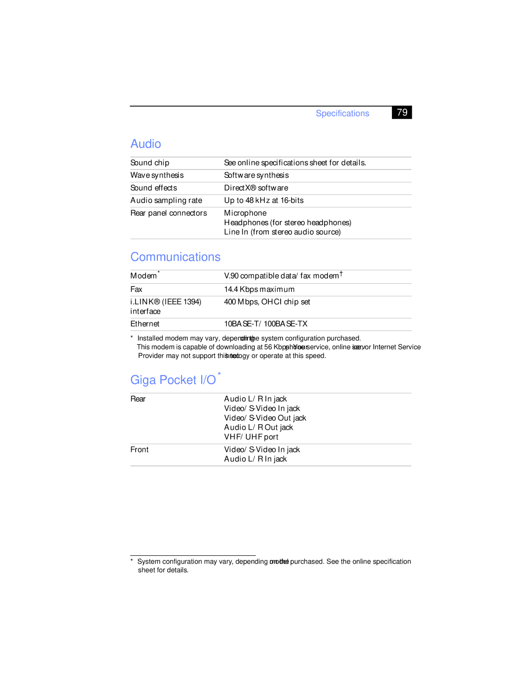 Sony PCV-RXP-RZP manual Audio, Communications, Giga Pocket I/O 