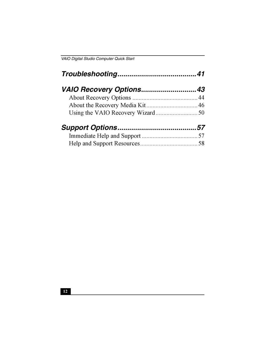 Sony PCV-RZ30 quick start Troubleshooting Vaio Recovery Options 