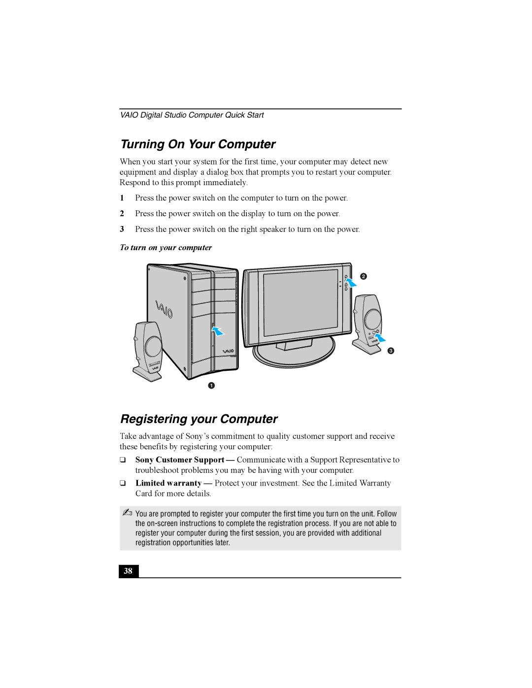 Sony PCV-RZ30 quick start Turning On Your Computer, Registering your Computer, To turn on your computer 