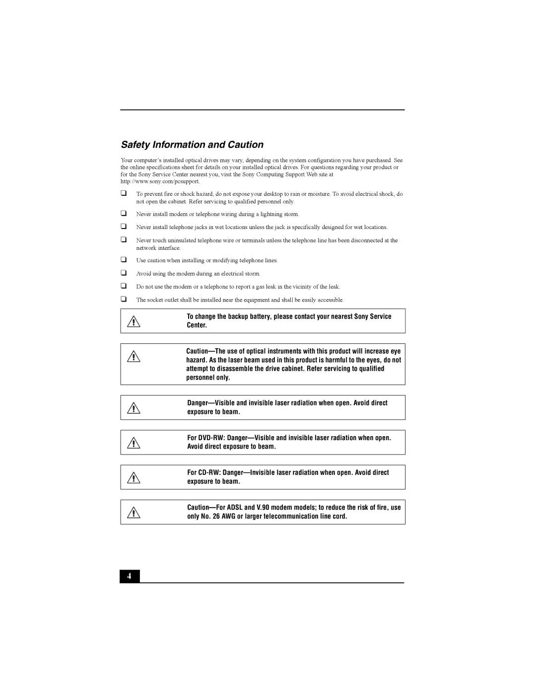 Sony PCV-RZ30 quick start Safety Information and Caution 