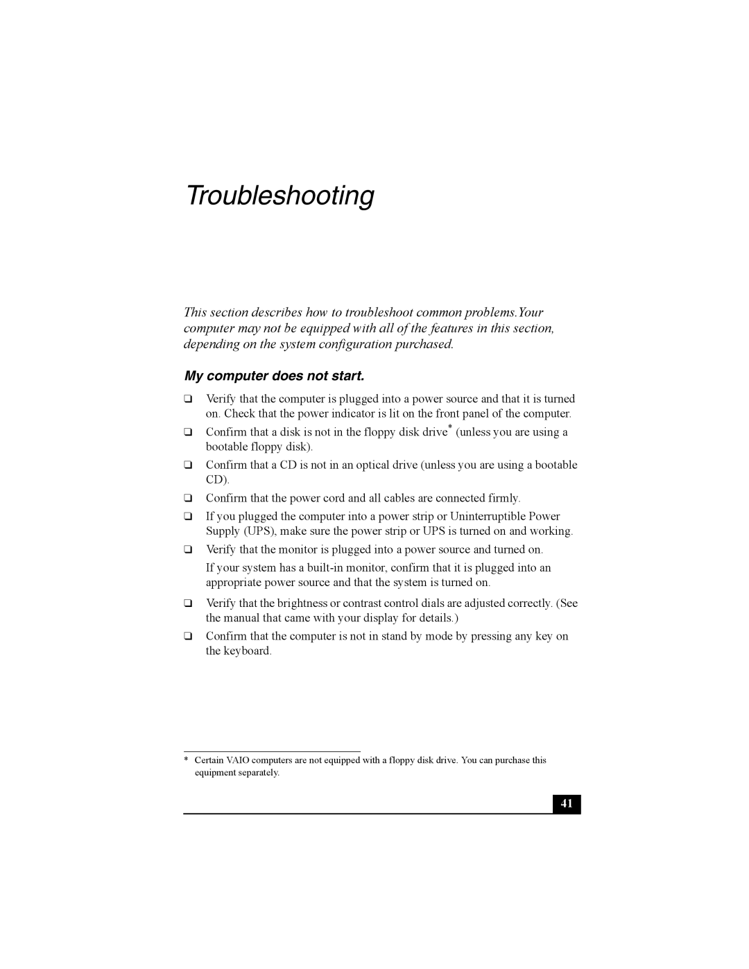 Sony PCV-RZ30 quick start Troubleshooting, My computer does not start 