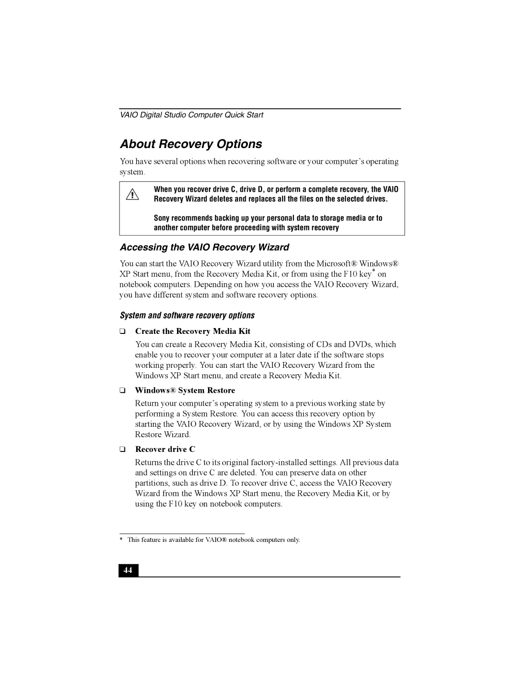 Sony PCV-RZ30 quick start About Recovery Options, Accessing the Vaio Recovery Wizard, System and software recovery options 