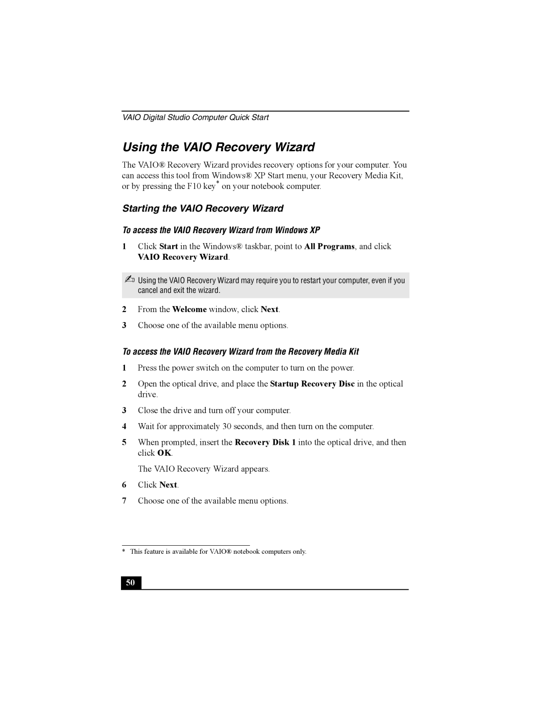 Sony PCV-RZ30 quick start Using the Vaio Recovery Wizard, Starting the Vaio Recovery Wizard 