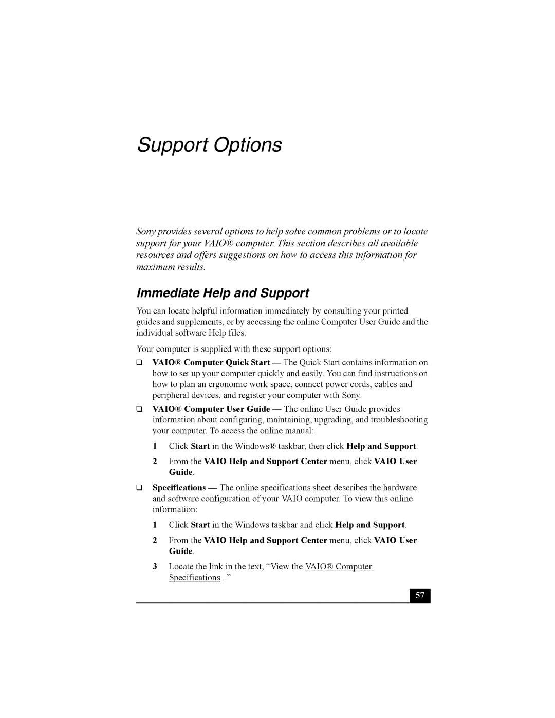 Sony PCV-RZ30 quick start Support Options, Immediate Help and Support 