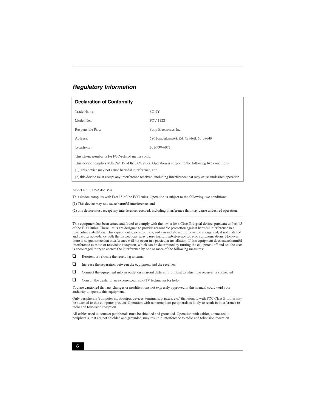 Sony PCV-RZ30 quick start Regulatory Information, Declaration of Conformity 