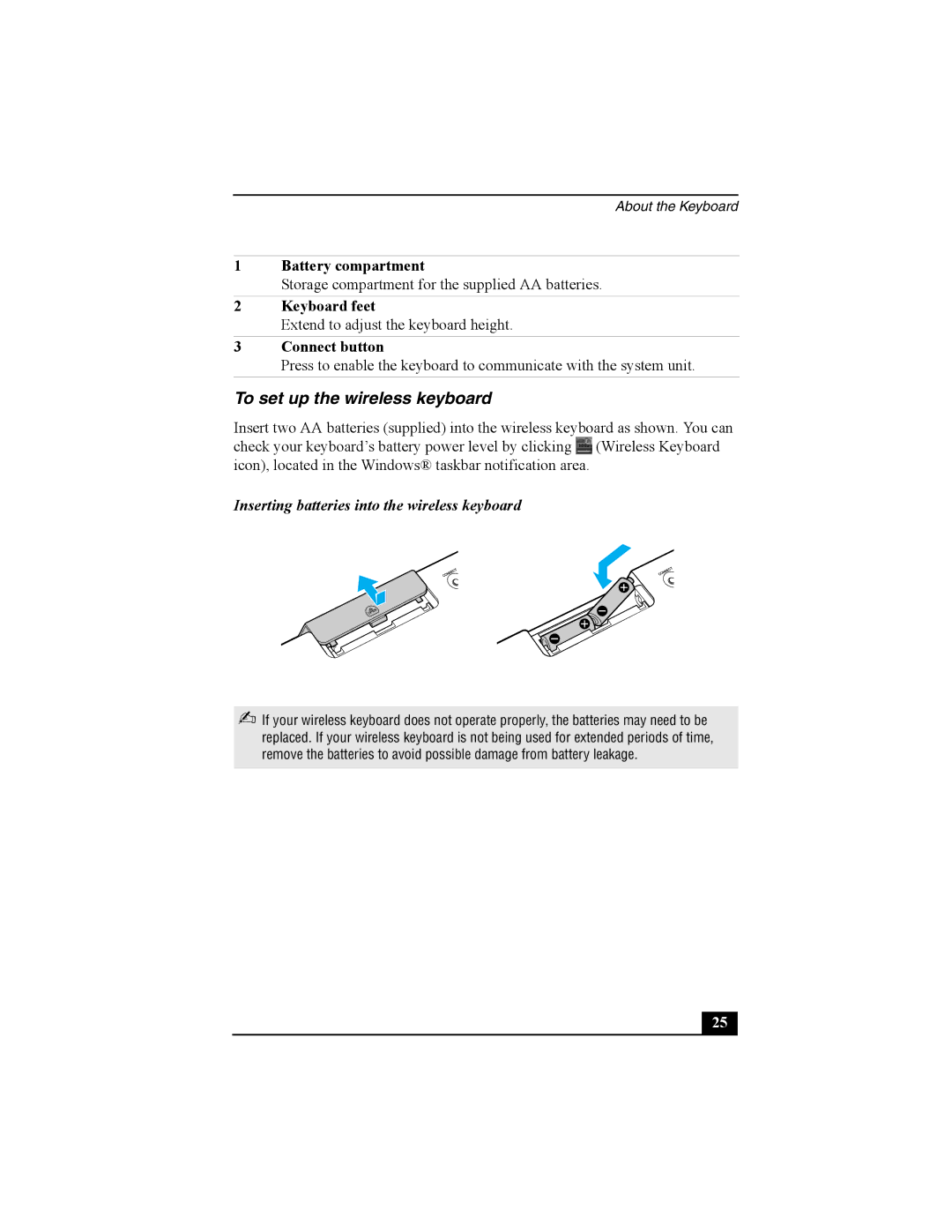 Sony QUICK START, PCV-V100G quick start To set up the wireless keyboard, Battery compartment, Keyboard feet 