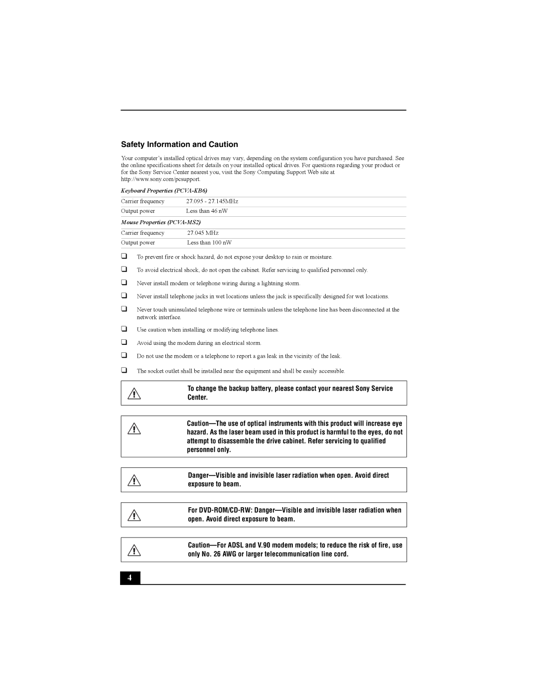 Sony PCV-V100G, QUICK START quick start Safety Information and Caution, Mouse Properties PCVA-MS2 