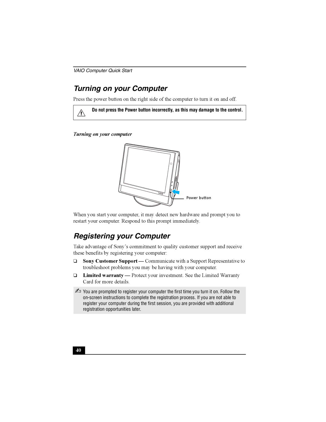 Sony PCV-V100G, QUICK START quick start Turning on your Computer, Registering your Computer, Turning on your computer 