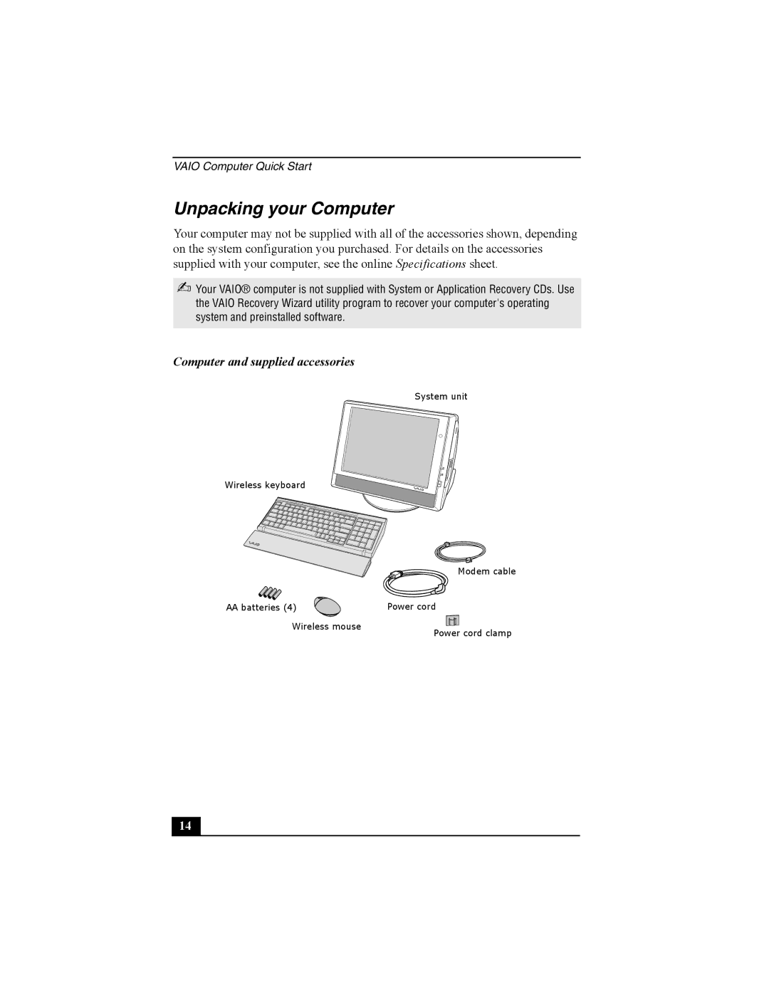 Sony PCV-V200G, PCV-V210P quick start Unpacking your Computer, Computer and supplied accessories 