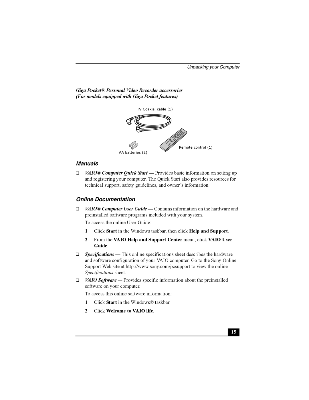 Sony PCV-V210P, PCV-V200G quick start Manuals, Online Documentation 