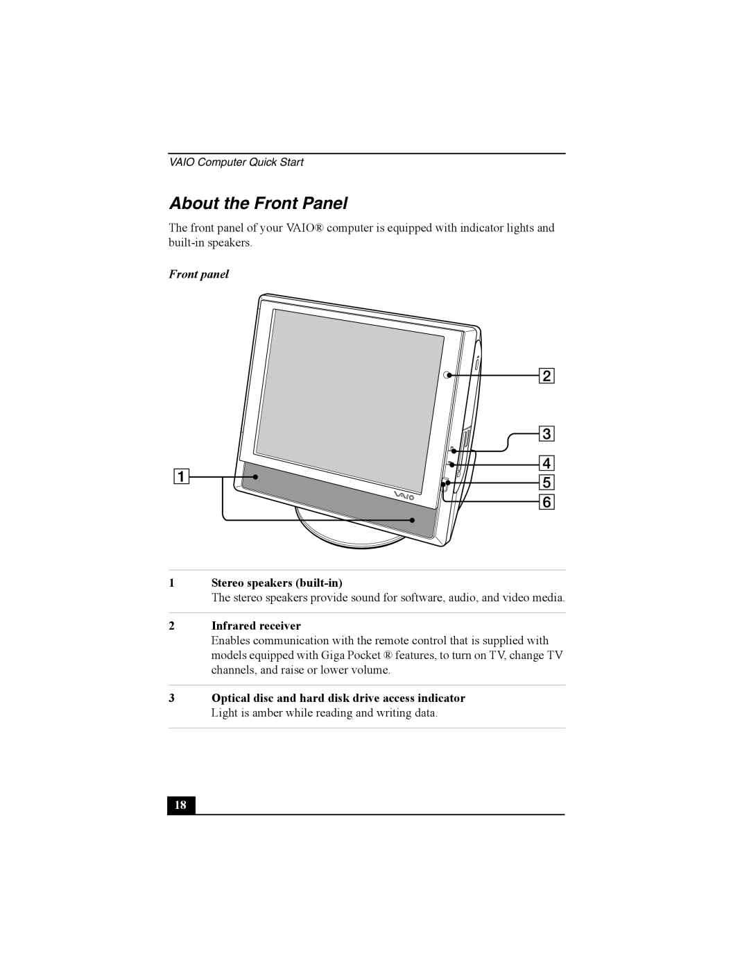 Sony PCV-V200G, PCV-V210P quick start About the Front Panel, Front panel, Stereo speakers built-in, Infrared receiver 