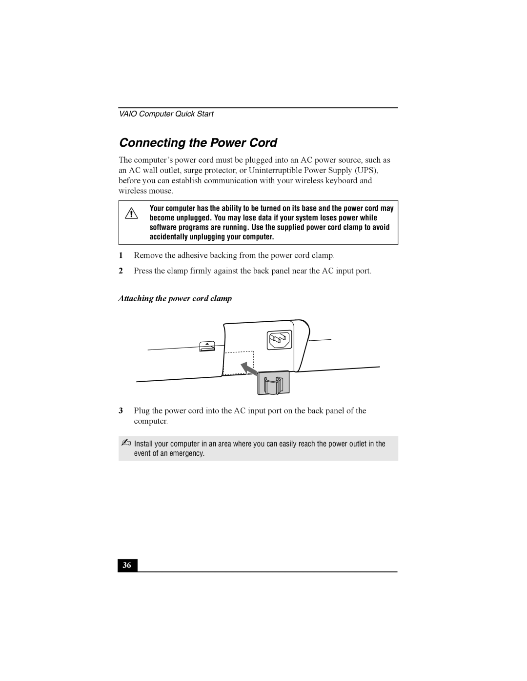 Sony PCV-V200G, PCV-V210P quick start Connecting the Power Cord, Attaching the power cord clamp 