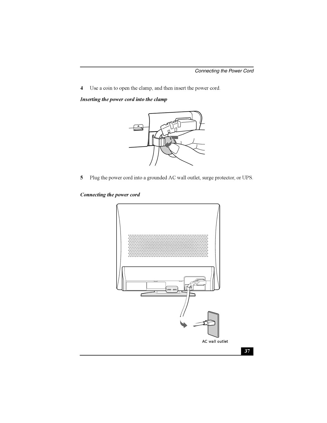 Sony PCV-V210P, PCV-V200G quick start Inserting the power cord into the clamp, Connecting the power cord 