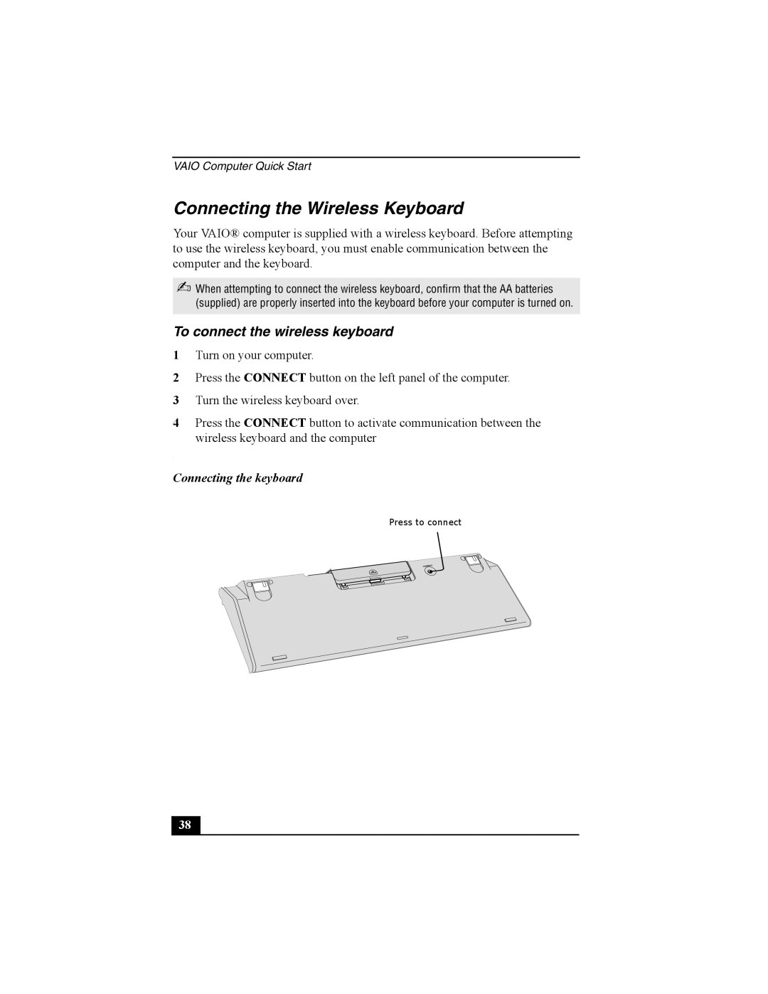 Sony PCV-V200G, PCV-V210P Connecting the Wireless Keyboard, To connect the wireless keyboard, Connecting the keyboard 