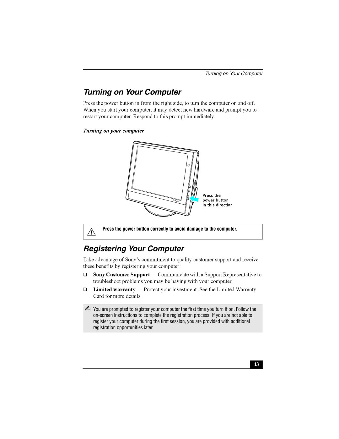 Sony PCV-V210P, PCV-V200G quick start Turning on Your Computer, Registering Your Computer, Turning on your computer 