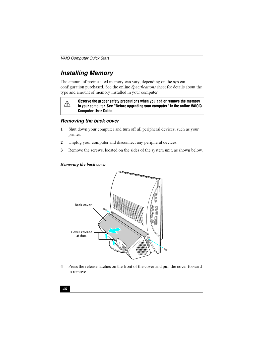 Sony PCV-V200G, PCV-V210P quick start Installing Memory, Removing the back cover 