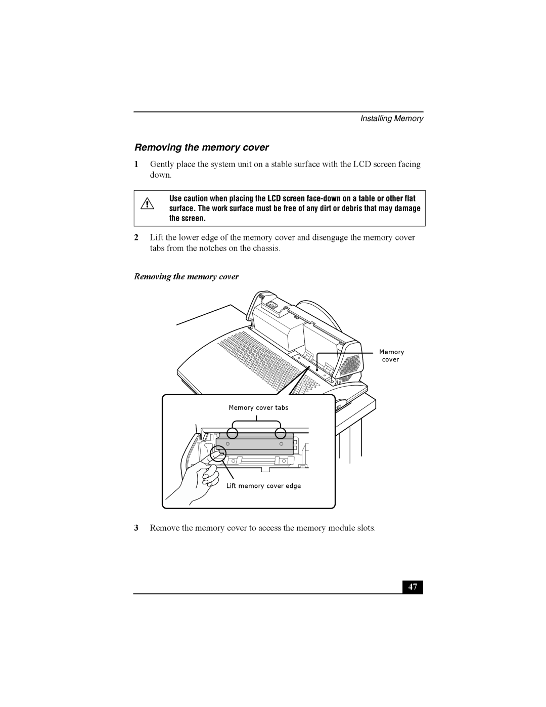 Sony PCV-V210P, PCV-V200G quick start Removing the memory cover 